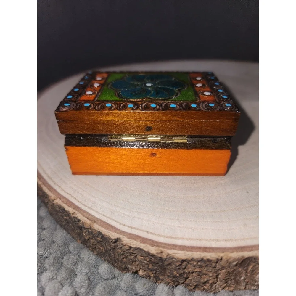 Polish Hand Made Painted/Carved~Burnt Details- Wooden Trinket Box Blue Flower